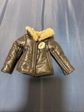 Black Doll Faux-Leather Winter Jacket with Tan Fur Collar